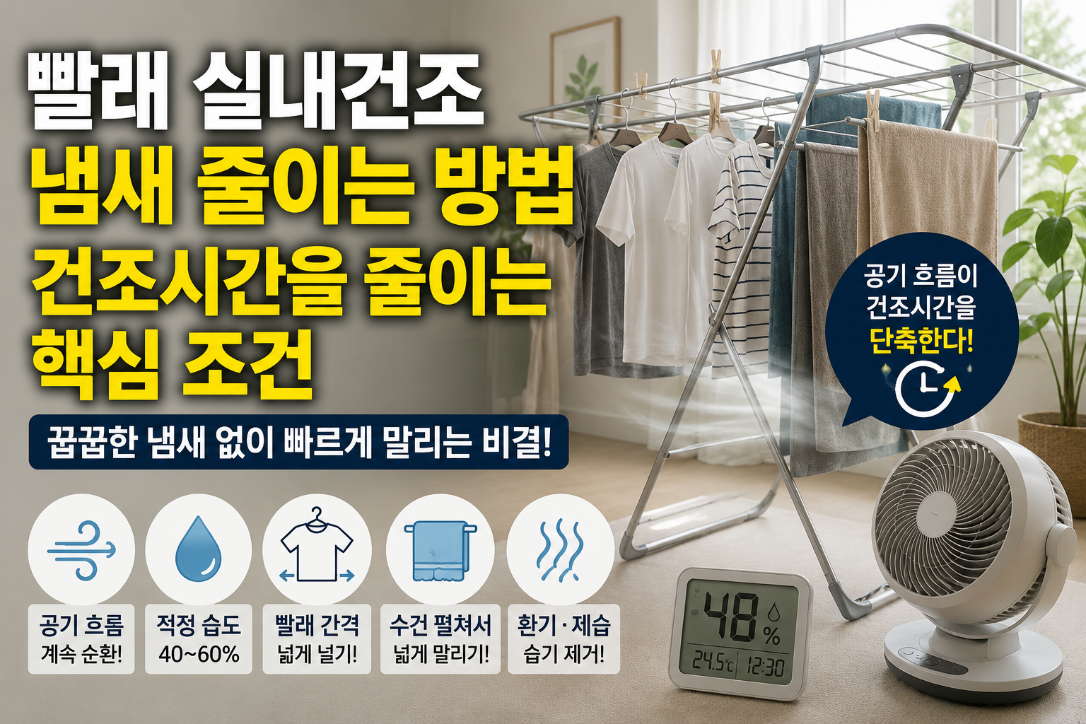 빨래 실내건조 냄새 줄이는 방법|건조시간을 줄이는 핵심 조건