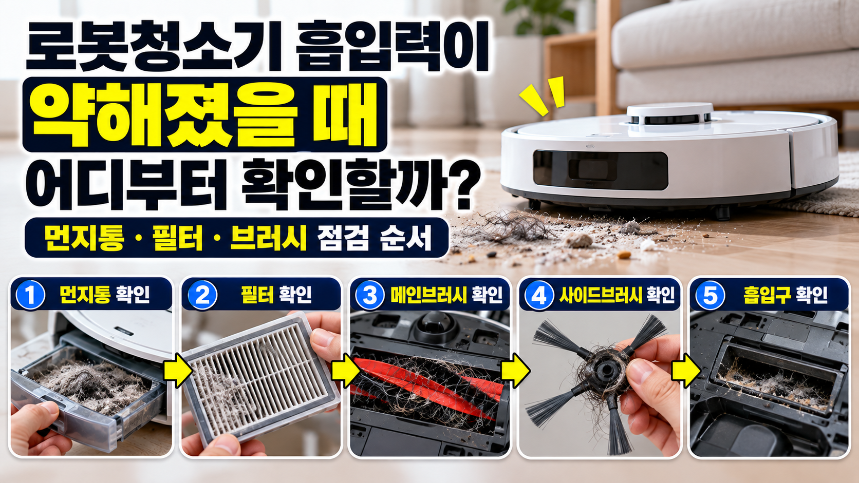 로봇청소기 흡입력이 약해졌을 때 어디부터 확인할까? 먼지통·필터·브러시 점검 순서
