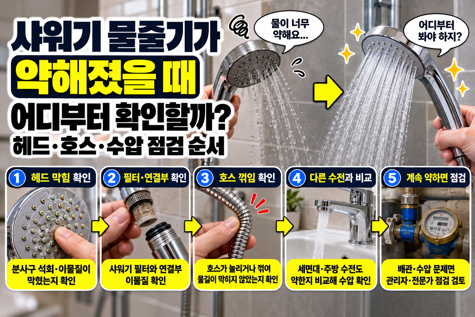 샤워기 물줄기가 약해졌을 때 어디부터 확인할까? 헤드·호스·수압 점검 순서
