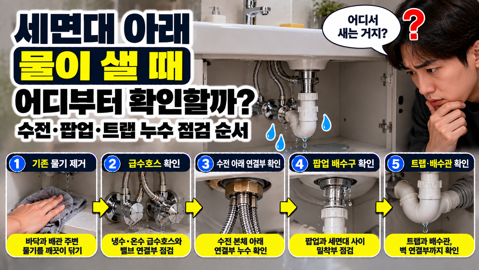세면대 아래 물이 샐 때 어디부터 확인할까? 수전·팝업·트랩 누수 점검 순서